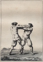 Bretonske wrestlere graverer i "" Voyage in Finistere eller State of this Department i 1794 og 1795"" af Jacques Cambry (1749-1807)