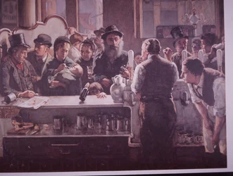 Britisk pub, der serverer drinks (farve litho)