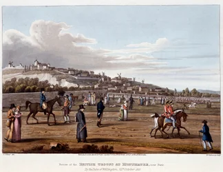 Britiske tropper ved Montmartre - i "" Historiske, militære og flådeanekdoter og hændelser, der ankom til Storbritanniens og deres allieredes våben og endte i Waterloo"", af Ed. Orme, syg. af Fry, Sutherland Clark, Dubourg, Heath, Atkinson, red. 1819, Lond