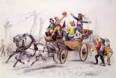 Karneval. Fetards forklædninger på en vogn. Stik fra 1846. paris, karnevalsmuseum
