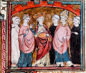Karolingisk dynasti: "" En audiens ved hoffet til Kongen af Frankrig Lothaire (941-986)"" Miniature taget fra "" Les grandes Chronicles de France""" Castres fra det 15. århundrede, Musee Goya