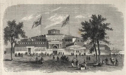 Castle Garden Immigration Center Depot - Castle Garden emigrantdepot - New York State - Emigration Commission Etablissement - Indgravering i "The Illustrous Universe" fra 1869