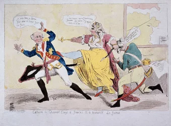 Catherine-II giver tilladelse til François og Brunswick the Foireux, karikatur, slutningen af det 18. århundrede