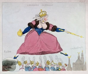 Catherine-II hopper fra Rusland til Konstantinopel over europæiske suveræner, karikatur, slutningen af det 18. århundrede