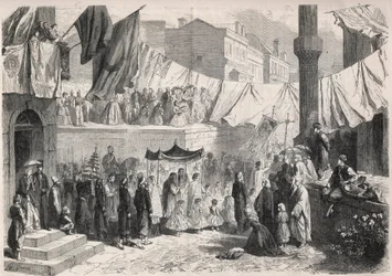 Katolsk procession i Konstantinopels gader i anledning af Fete Dieu (Fete-Dieu) - Indgravering i "" The Illustrous World""