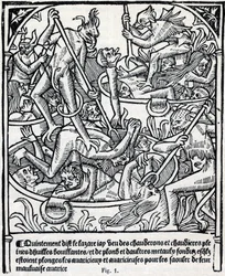 Kedler fulde af kogende olie og bly, som djævle kaster de grådige ned i for at få dem fulde med deres dårlige grådighedsbeskrivelse af helvedes Lazarus. Fac simile du "Calendrier des Bergers"" profetisk almanach trykt af Claude Nourry i 1504 for Jacques Hu