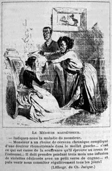 Charlatanisme: satire om at konsultere hypnosemagnetisatorer til behandling af sygdomme. Fra et litografi af Jacque. 19. århundrede
