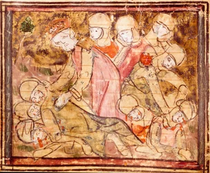Charlemagne (742-814) finder liget af sin nevø Roland, der døde i slaget ved Roncesvaux Miniature fra "" Grandes Chronicles de France"" 1375-1379 kommunale bibliotek, Castres