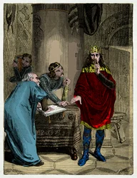 Karl den Store dikterer sine kapitularer til sin minister Alcuin (732-804), gravering 1800-tallet