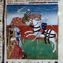 Ridderlig turnering mellem Tristan og Palamede. Miniature taget fra manuskriptet "The novel of Tristan"" med titlen til Master Charles of Maine