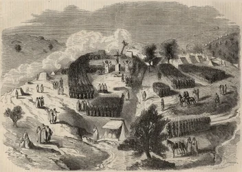 Conquete de Algerie: Ekspedition til Great Kabylien i 1857, der lægger den første sten af Fort Napoleon i Souk-el-Arba (Souk el Arba). Stik i “Le Monde illustrious”” fra 1857. Privat samling.