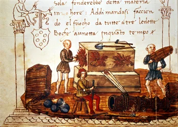 Konstruktion af en bombe (morter) i det 15. århundrede. Fra bogen om matematik af Giuliano de 