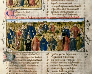 Hofunderholdning: dans og spil. Scenen foregår i nærvær af guderne for kærlighed, skønhed, levering, franchise, høflighed og ungdom. Miniature fra "" The Roman of the Rose ". Valencia fra det 14. århundrede. Universitetsbiblioteket. ©AISA/Leemage