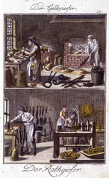 Håndværk: kobbersmelter og dinandier i deres værksteder. I “” Omfattende beskrivelse af kunsthåndværk og værksteder for unge”” af Johan Peter Vire. Ed. Nürnberg, Weigel og Schneider