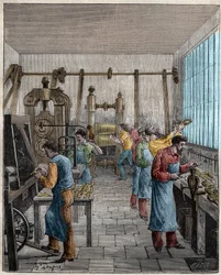 Bestikfremstillingsværksted (Posate) i Frankrig i det 19. århundrede. Indgravering fra 1885 i "" Les arts et metiers illustres"" af Adolphe BITARD.