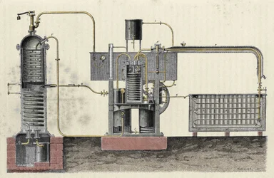 Skæring af Ferdinand Carres (1824-1894) industrielle apparat for at lave is. Indgravering af det 19. århundrede