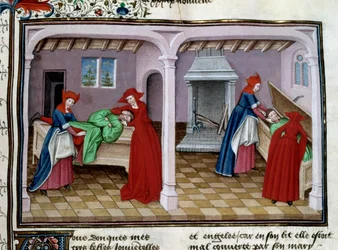 Død En patient lider af smerte. Efter hans død bliver hans lig lagt i en kiste. Miniature fra "" Le decameron"" af Jean Boccaccio (Giovanni Boccaccio) (1313-1375) 1450 Paris, Arsenals bibliotek