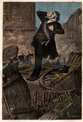 Alphonse Baudins død (1811-1851) på barrikaden af Faubourg Saint Antoine den 3/12/1851 under kuppet af Louis Napoleon III (Louis-Napoleon Bonaparte) - indgravering i "Histoire d