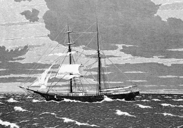 December 1872 blev Mary Celeste fundet forladt midt i Atlanterhavet ud for Azorerne. Kaptajnen, hans kone og deres to-årige datter samt de otte besætningsmedlemmer forsvandt. Gravering 1800-tallet.