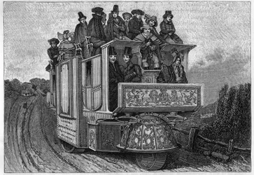 Doktor Ghurchs trehjulede mekaniske bil bygget i Birmingham i 1833. Italiensk gravering af det 19. århundrede.