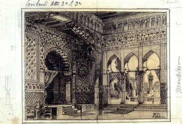Tegning til indretningen af scene 3 i anden akt af operaen "I Lombardi" eller "Lombarderne ved det første korstog" komponeret af Giuseppe Verdi (1813 - 1901) i 1843.
