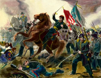 Episode af løsrivelseskrigen (1862-1865) eller borgerkrigen i USA: Den amerikanske general for unionsstyrker Ulysses Simpson Grant (1822-1885) under en kamp mod tropperne i Forbundsstaterne. Indgravering af det 19. århundrede Private Collecti