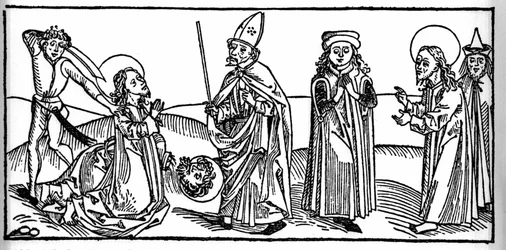 Episode af Saint James the Majors liv: helgenen halshugges under øjnene af Herodes af Agrippa, konge af Judæa. Indgravering fra “Leben der Heiligen - sommerteil” (Helgenbogen) af Jacobus (James) af Voragine (1228-1298). Lübeck 1488.