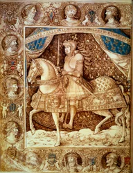 Rytterportræt af Ludvig XII (1462 - 1515), konge af Frankrig. Miniature i "" Chronicles", folio 1v, af Enguerrand de Monstrelet (1390? -1453), v. Paris BN
