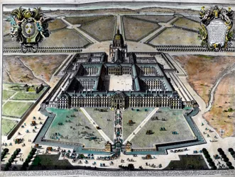 Udvendig udsigt af hotel des Invalides i Paris i det 18. århundrede. Stik af det 18. århundrede. Privat samling.