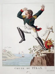 Tyrannens fald: Napoleon hopper fra Mount St John (Slaget ved Waterloo) til St. Helene Island - i "" Napoleon 1st, karikaturer, dummy-samling"",
