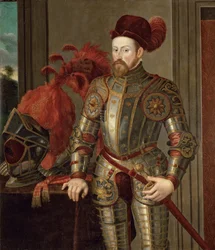 Ferdinand II af Tyrol (af Habsburg), ærkehertug af Østrig - Portræt af Ferdinand II (1529-1595), ærkehertug af Østrig, Anonym . Olie på lærred, ca 1557. Kunsthistorisk museum, Wien
