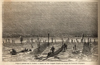 Fiskefælder, placeret på bredden af Yukon-floden (det ekstreme nordlige Canada). Gravering for at illustrere rejsen og eventyrene i engelsk Colombia, Vancouver Island og Alaska, af Frederick Whymper