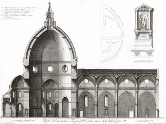Firenze, Italien. Duomoen og katedralen Santa Maria del Fiore. Tværsnit af katedralen. Efter en gravering fra det 19. århundrede (gravering)