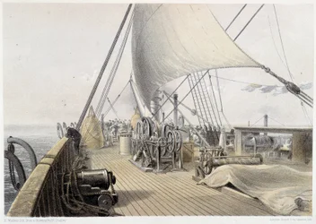 Forlæns dæk klaret til det sidste attemet ved grappling, 11. august 1858 - i "The Atlantic telegraph" af W. H. Russel, ca. 1860