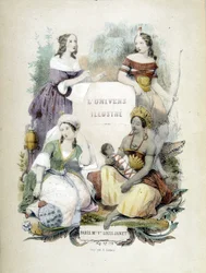 Fire kvinder, der repræsenterer de fire verdenshjørner - frontispice af "The Illustrated Universe: Living Geography", af Alfred des Essarts
