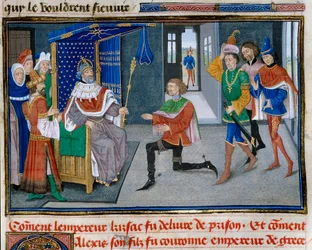 Fjerde korstog: repræsentation af Alexis IV Angel (1182-1204) er kejserkrone ved siden af sin far Isaac II efter at have været i stand til at få ham ud af fængslet i 1203. Miniature fra "" Chronicle abregee"" af David Aubert