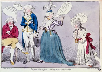 Den Franske Revolution: Karikatur mod familien til dronning Marie Antoinette (1755-1793) og Ludvig XVI, indespærret i Temple-fængslet. Dronningen og kongens søster, Madame Elisabeth, skændes under kongens blik. Deres ord er skrevet i talebobler