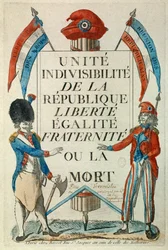 Den Franske Revolution: „Republikkens enhed og udelelighed. Frihed, lighed, broderskab eller døden“. Propagandaplakat med sansculotter og kokarde. Tryk fra 1794, Paris, Musée Carnavalet