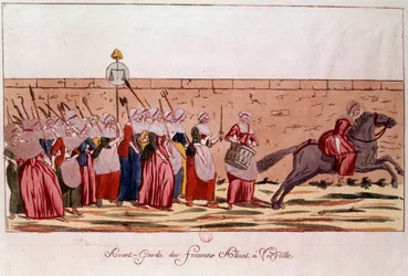 Den franske revolution i 1789: avantgarde des femmes på vej til Versailles den 5. oktober 1789. Indgravering af det 18. århundrede. Paris, B.N.