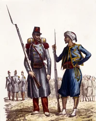 Fransk militæruniform: Til venstre dannedes en fremmedlegion og blev sendt til Algeriet i 1831. Til højre indfødte ryttere, trænet og sendt til Algeriet i 1841. I L