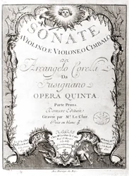 Frontispice af 12 sonater for violin, bas og cembalo af Arcangelo Corelli (1653 - 1713). fransk version.