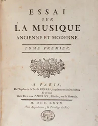 Frontispice af ""Essay om gammel og moderne musik"" af Jean Benjamin de Laborde (Jean-Benjamin de La Borde) (1734-1794) 1780 Bologna, civico museo musicale