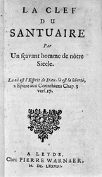 Frontispice af "Nøglen til helligdommen"" af Baruch Spinoza (1632-1677), hollandsk filosof også kendt som Bento de Espinosa eller Benedictus de Spinoza eller Benoit de Spinoza. 1678