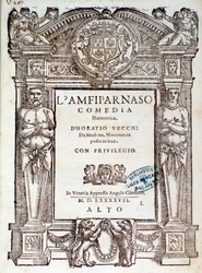 Frontispice fra Amfiparnaso madrigalkomedie af Orazio Vecchi