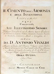 Frontispice af musikpartitur af violin i koncert V i The trial of harmony and opfindelse af den italienske komponist Antonio Vivaldi