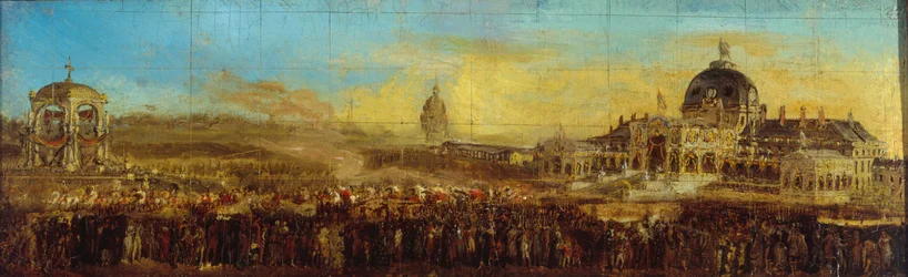 Fejring den 10. maj 1852 på Champ-de-Mars; prins-præsidentens afgang efter velsignelsen af flagene. Det nuværende 7. arrondissement, Paris, mellem 1847 og 1857 (olie på lærred)