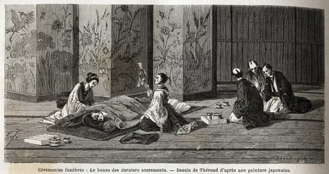 Begravelsesceremonier: munken af de sidste sakramenter. Indgravering til illustration af rejsen til Japan i 1863-1864 af Aime Humbert, minister for Det Schweiziske Forbund, i "Le tour du monde, nouveau journal des voyages", udgivet under ledelse af Edouar