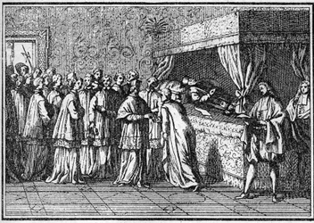 Begravelse af en pave i det 18. århundrede: anerkendelse af den døde paves lig. Indgravering i "Histoire des religions"".
