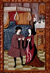 Galant møde i et soveværelse Sandsynligvis kærligheden til Jean III de Brush og Louise de Laval. Miniature fra manuskript frk. 1475