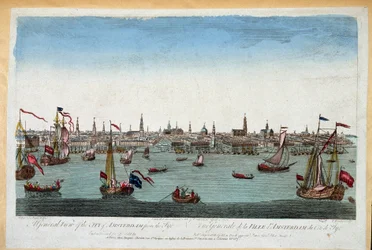 Generel udsigt over Amsterdam taget fra havet 1700-tallet (gravering)